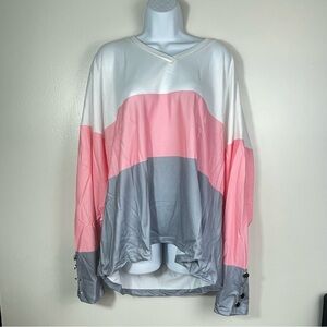 Plus Size Colorblock Long Sleeve Top - Pink, Gray, and White
